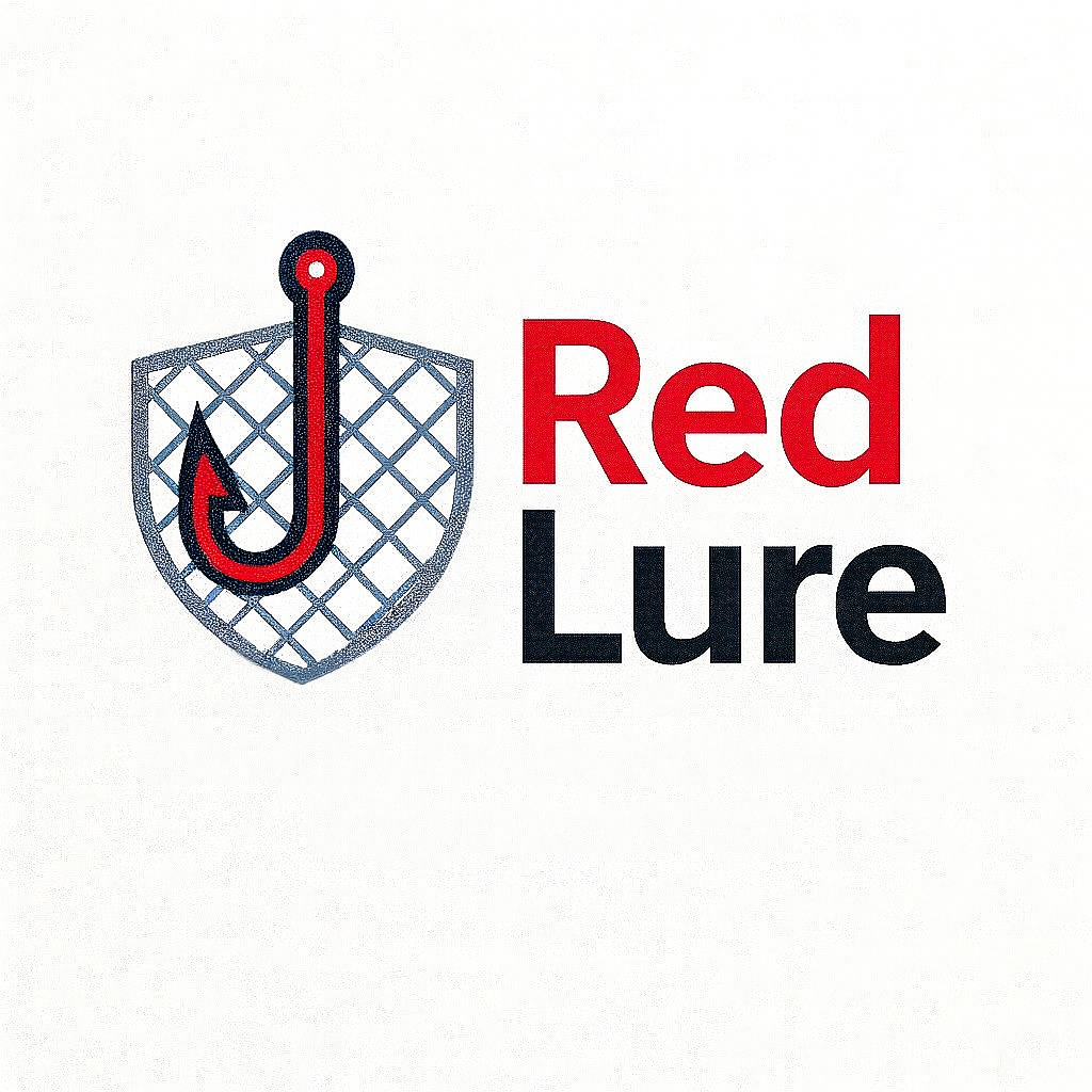 RedLure logo – red hook over shield with net pattern