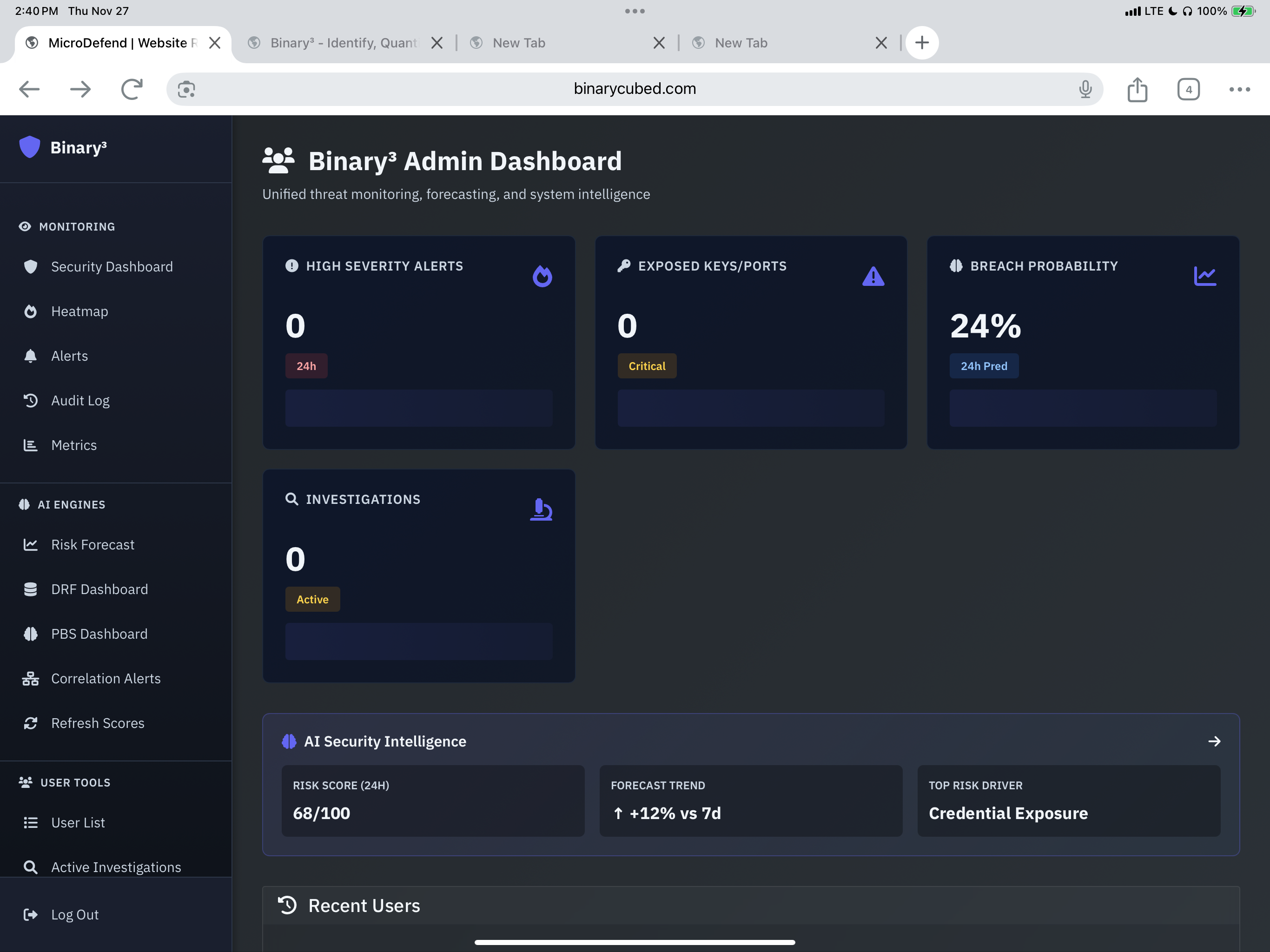 Binary³ Dashboard 2.0 Screenshot